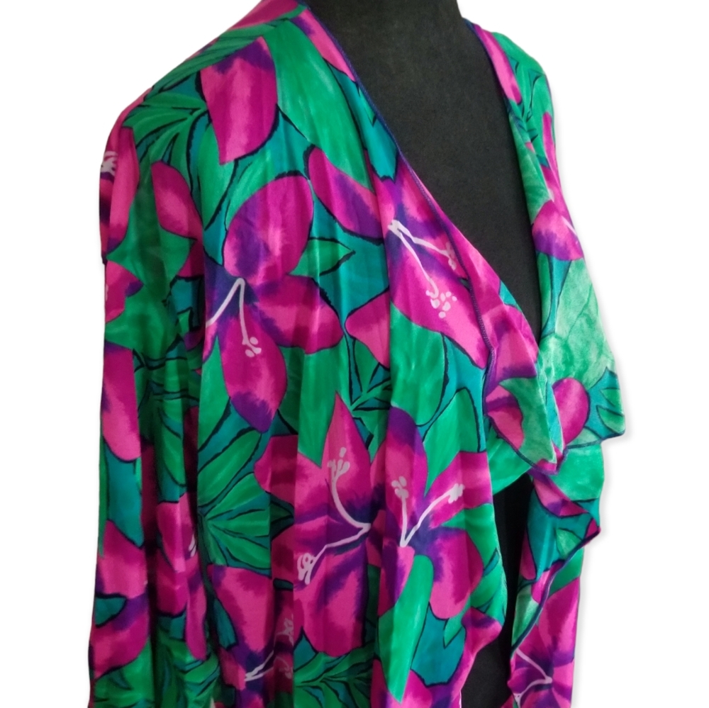 Vintage Sirena floral swimsuit cover up, kimono open front robe sz LG